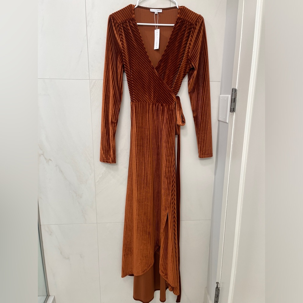 Baltic Born Jada Ribbed Velvet Wrap Long Sleeve Dress